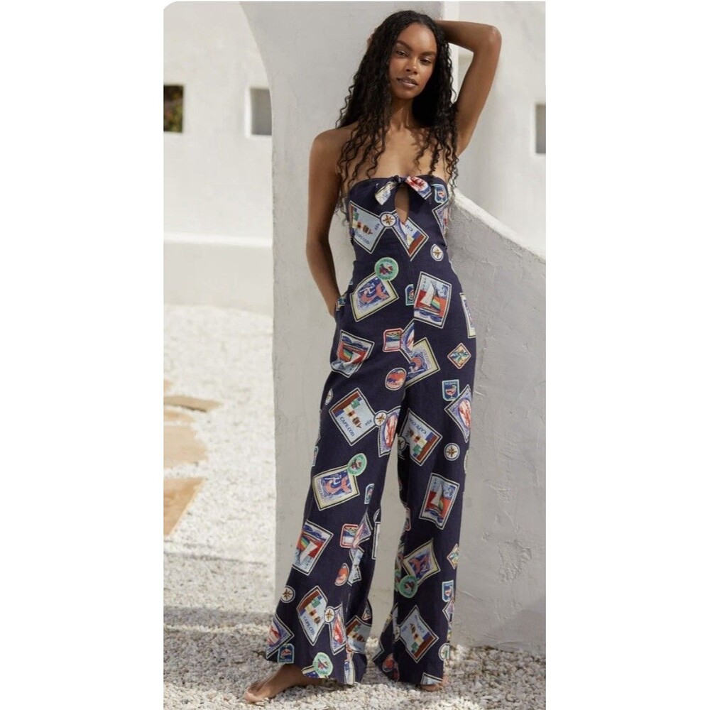 Anthropologie Celandine Linen Blend Strapless Jumpsuit Sz Lg Navy Blue